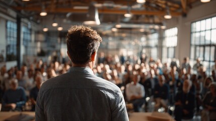 Fototapeta premium A speaker presenting to a large audience in a modern conference setting, showcasing engagement and communication.