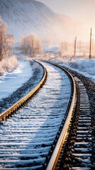Fototapeta premium Snowy Railroad Tracks At Sunrise
