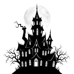 Spooky haunted mansion silhouette against a giant full moon, perfect for Halloween celebrations