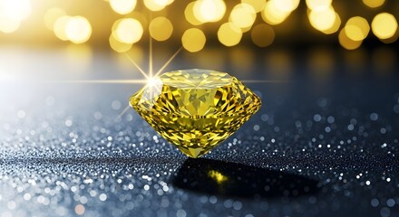 A radiant yellow diamond gemstone with sharp facets, sparkling on a dark, glittery surface with soft bokeh lights in the background