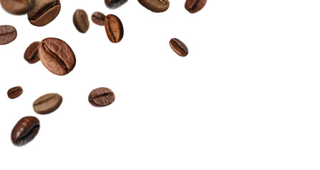 Roasted coffee beans falling against white background