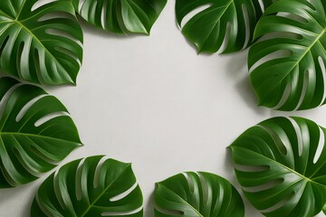 Fototapeta premium Tropical monstera leaves forming border frame around empty copyspace on light background, ideal for nature-inspired creative design concepts. Ai generative