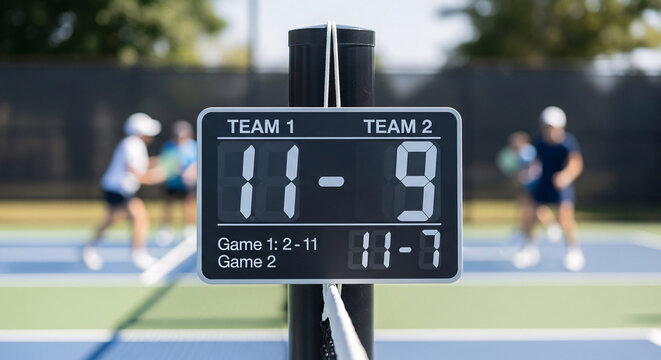 A digital scoreboard displays the score of a doubles tennis match, with players blurred in the background on a court.