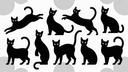 Collection of black cat silhouettes in various poses on dotted background