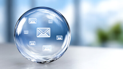 A futuristic representation of digital communication, showcasing email icons encapsulated in a transparent sphere.