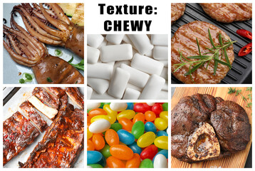 Food with chewy texture. Dishes, gum and candies, collage