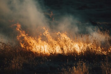 Fototapeta premium Burning dry grass field with flames and smoke at sunset