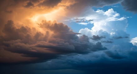 Dramatic sky with contrasting clouds, showing a transition from dark, stormy weather to bright, sunny conditions, symbolizing change and hope