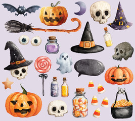 A spooky watercolor Halloween clipart collection featuring pumpkins, ghosts, skulls, witch hats, broom, potions, candy corn, cauldron, and bats. Hand-painted in a playful style, festive illustrations 