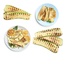 Slices of grilled zucchinis with lemon and parsley on white background, set. Top view