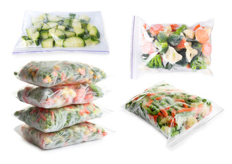 Different frozen vegetables in plastic bags on white background, set