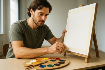 Focused young man preparing blank canvas with masking tape while sitting at table with colorful paints in bright room interior. Ai generative