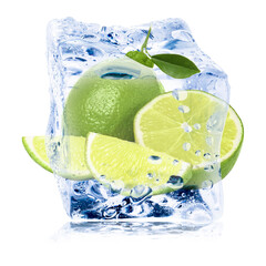 Fresh lime fruits in ice cube isolated on white