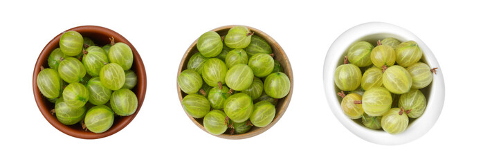 Fresh green gooseberries in bowls on white background, collage. Top view