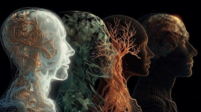 Conceptual image of glowing human head silhouettes, each filled with a unique light pattern&mdash;chaotic swirls, geometric grids, and branching neurons&mdash;celebrating the diversity of human minds.
