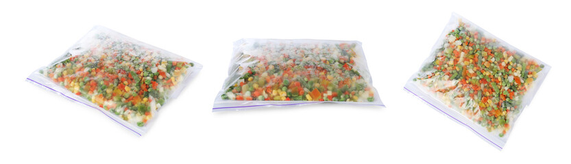 Frozen vegetables in plastic bags on white background, set