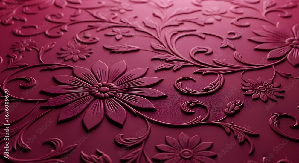 Aufkleber closeup of a deep red textured background with embossed floral patterns and swirling vines, creating