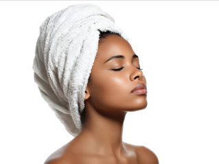 Photo of a beautiful Black woman with a towel on her head eyes closed against an isolated white background conveying a spa and wellness concept