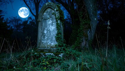 Moonlit grave among trees in an eerie blue forest at night