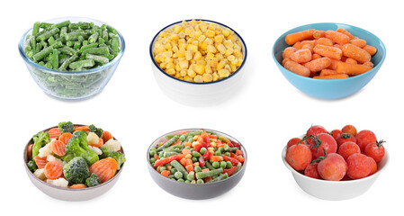 Different frozen vegetables in bowls on white background, set