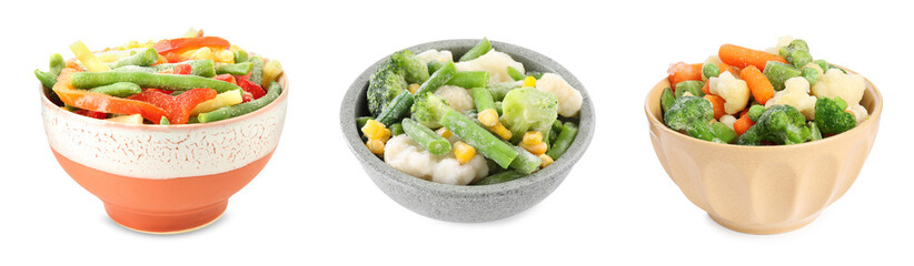 Different frozen vegetables in bowls on white background, set