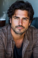 Portrait of a Handsome Man with Dark Hair and Green Eyes
