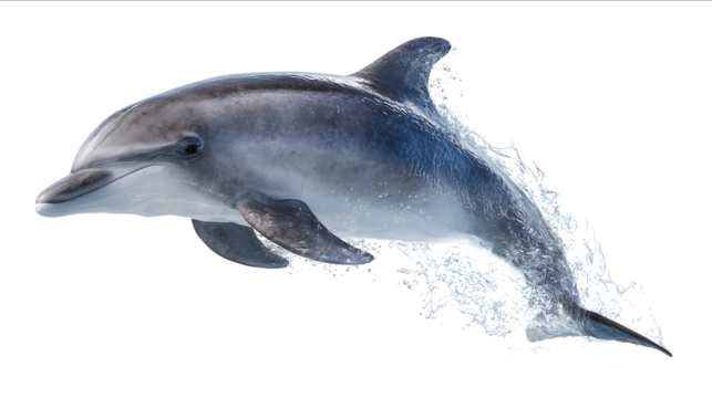 Beautiful realistic fullbody dolphin jumping out of the water against a white background A hyperrealistic photograph with high detail and focus on the eyes D