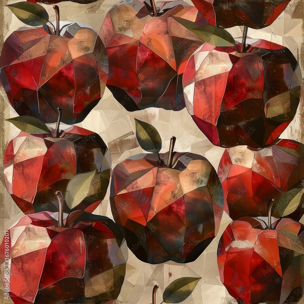 Poster the image features a pattern of stylized apples, each depicted with geometric, faceted shapes