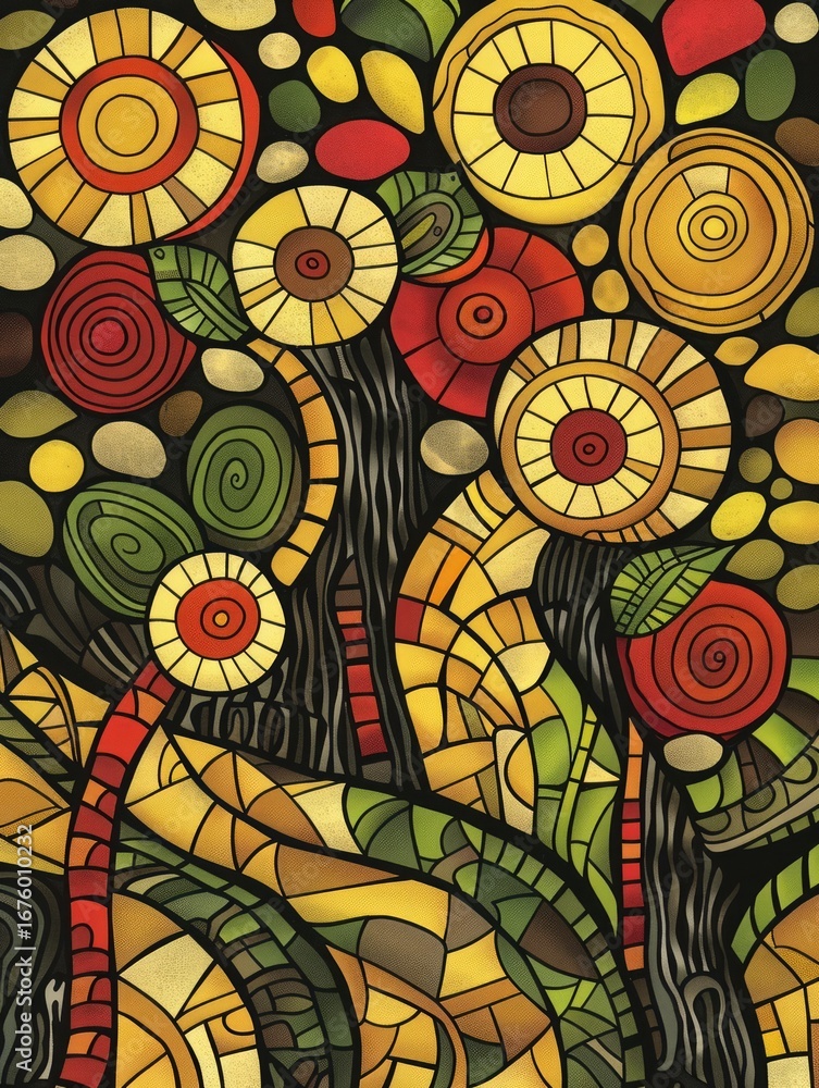 Poster the image showcases an abstract, psychedelic design with intricate patterns and bold shapes
