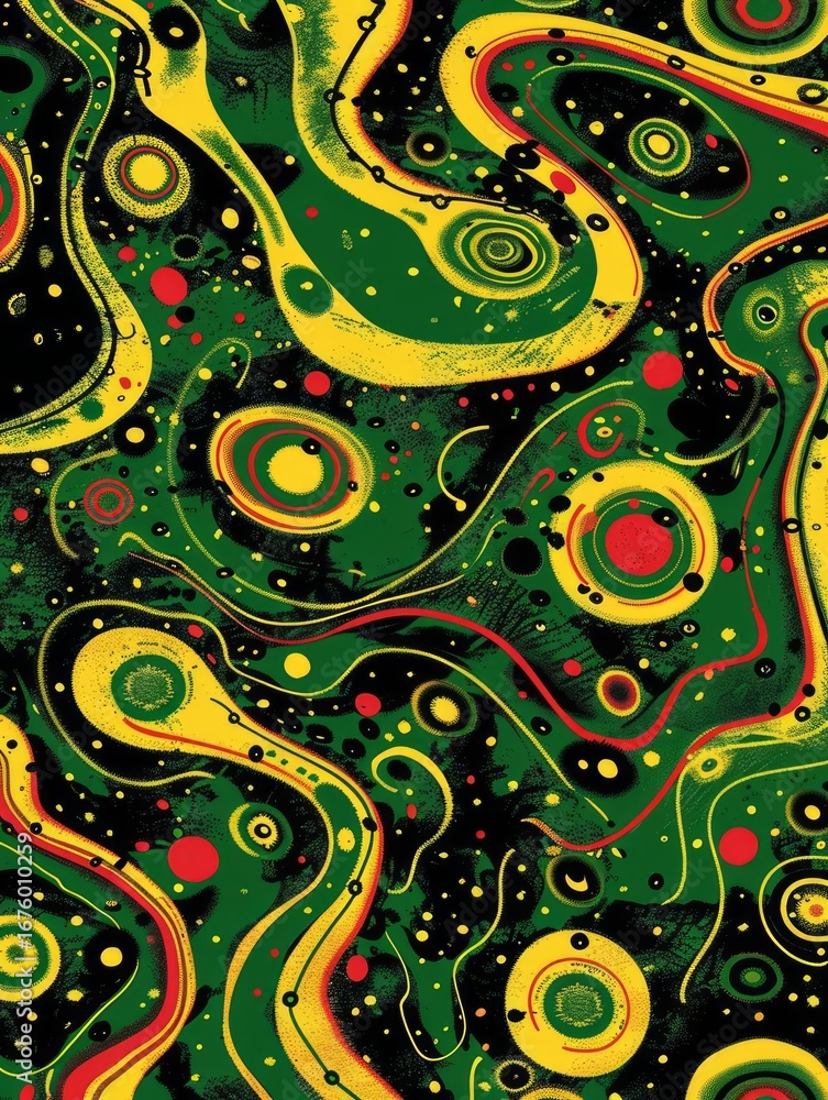 Poster the image showcases an abstract, psychedelic design with intricate patterns and bold shapes