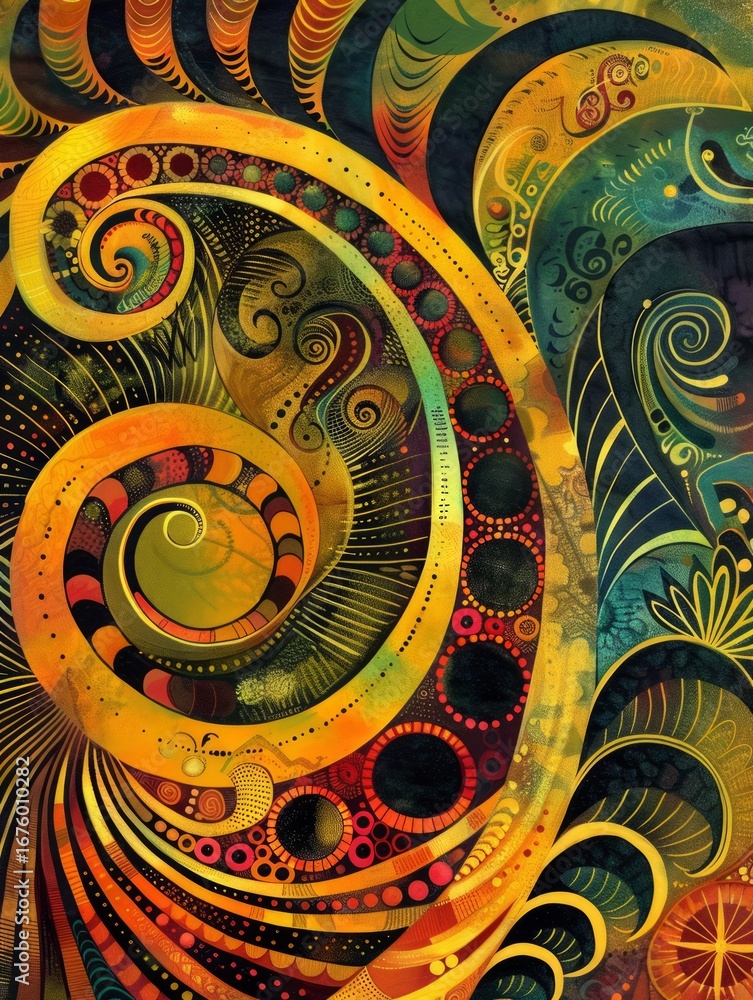 Poster the image showcases an abstract, psychedelic design with intricate patterns and bold shapes