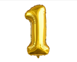 A golden foil balloon in the shape of the number 1 against a white background realistic photographic style high resolution professional photograph high dynam
