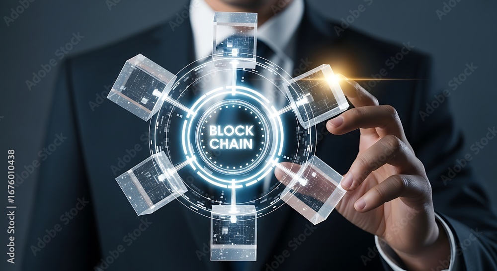 Poster businessman interacting with a blockchain network hologram, tote bag mockup, canvas tote bag mockup,