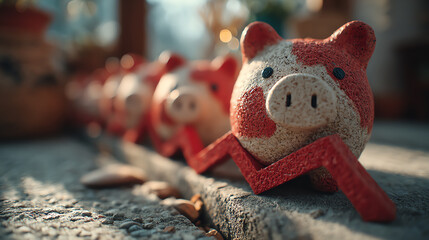 Obraz premium A row of decorative piggy banks with an abstract graph design, symbolizing financial growth and investment.