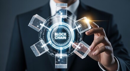Businessman interacting with a blockchain network hologram