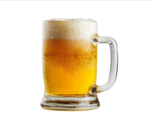 Frothy beer in a glass mug isolated on a white background front view