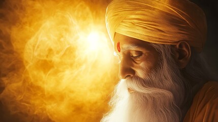 Portrait of a man with a turban and a long white beard against a golden glowing background
