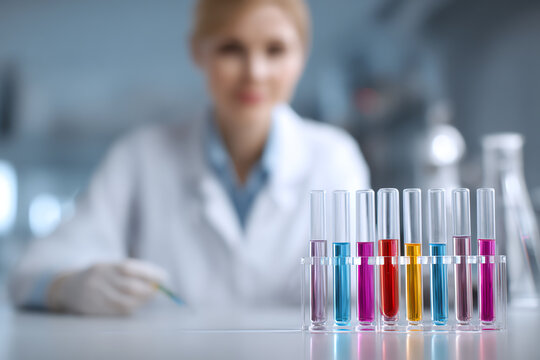 A scientist in a lab working with colorful test tubes, highlighting the importance of research and experimentation in the scientific process.