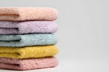 Stacked pastel colored towels peach lavender