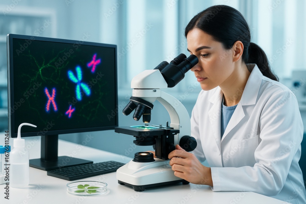 Poster female scientist using microscope in modern laboratory with chromosome image on monitor, exploring b
