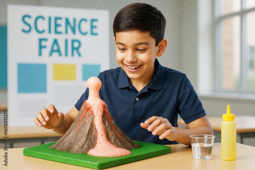 Aufkleber smiling boy working on erupting volcano science experiment at school science fair with colorful back