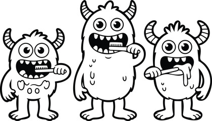 Cute Monsters Brushing Teeth:  Black and White Line Art Illustration for Children's Book, Card, or Educational Material.