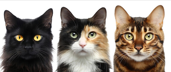 Realistic photograph of three cats one black cat with yellow eyes and brown fur another calico cat and a third Bengal cat all isolated on a white background