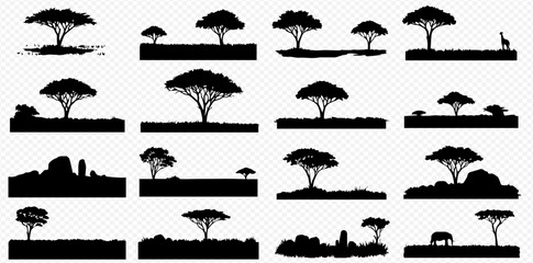 Obraz premium African savanna silhouettes: diverse tree and animal landscape banners.