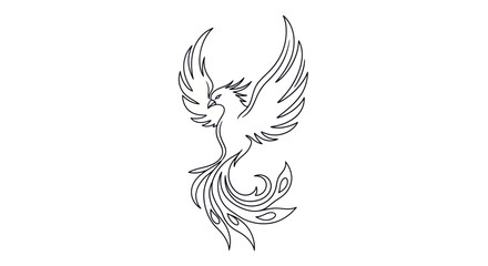 Stylized phoenix bird line art illustration with spread wings and tail feathers.