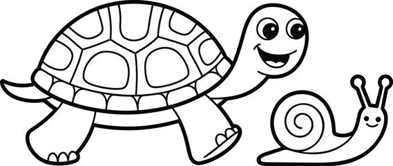 Happy cartoon turtle and snail; black and white line art; children's book illustration.