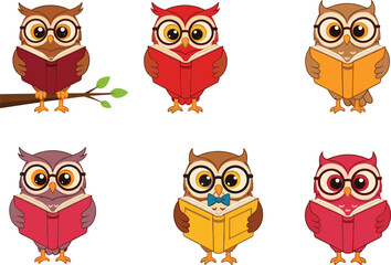Creative Owl Illustrations Reading Books, Cute Cartoon Birds with Glasses, Colorful Fun Owls, Educational, Study, Knowledge Icons