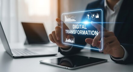 Business professional interacting with a digital transformation interface on a transparent screen