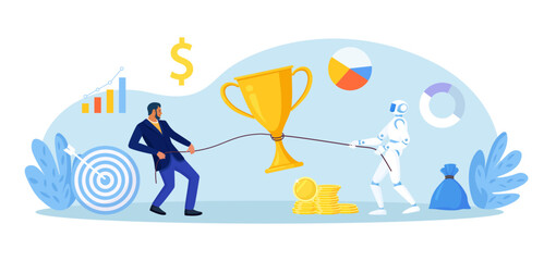 Business leader and humanoid robot pull a rope with golden cup. AI partnership and competitive drive that leads to higher revenue, award winning. Chatbot and man fight for trophy. Business competition