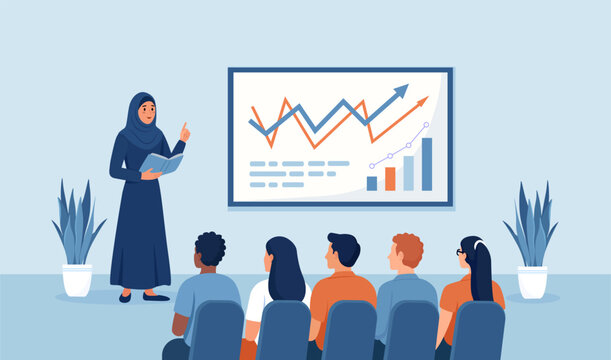Muslim presenter leads business workshop for diverse team. Arabian woman giving business presentation. Arabic trainer talking pointing to whiteboard with graph. Education leadership inclusion